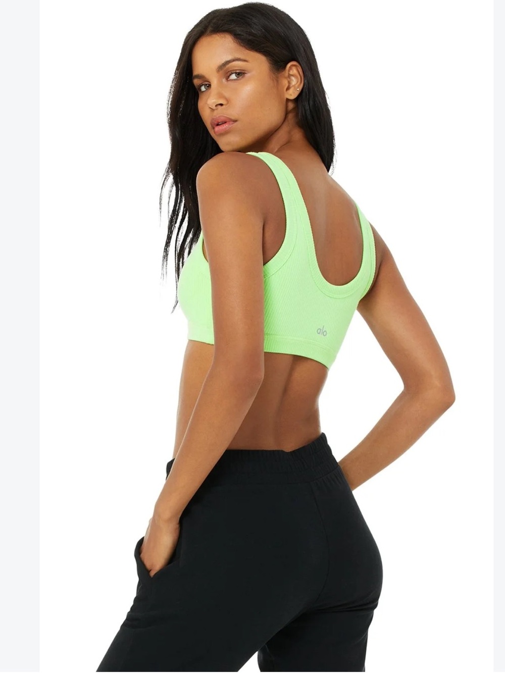 2 ALO Yoga Neon Green, black and white Ribbed Scoop-Back Wellness Sports Bras